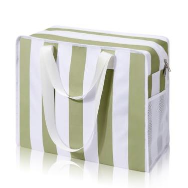 Imagem de DIXEIGHT Bolsa utilitária de praia impermeável à prova de areia feminina 38L grande bolsa de ombro de viagem bolsa de piscina com zíper dobrável almofada inferior, Listras verdes e brancas, X-Large