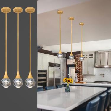 Imagem de 3 luzes pendentes ilha de cozinha, globo de ouro pintado cristal luzes penduradas no teto, luminárias de LED, varão de metal, iluminação pendente de vidro para cozinha, ilha, sala de jantar, bar