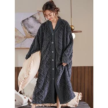 Imagem de Roupões De Banho Para Mulheres Roupões De Banho Femininos Cinza Escuro Moda Flanela Botões Decote Em V Roupão Longo Macio Confortável Roupão Camisola Quimono Pijamas Pijamas Pijamas, 3XL