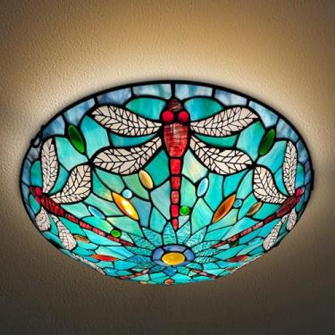 Imagem de ARTZONE Luzes de teto Tiffany, luz de teto de vitral 3 luzes de 40,6 cm Tiffany luminária de teto embutida para quarto, sala de jantar, sala de estar, entrada