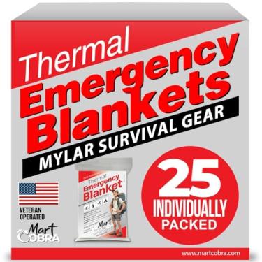Imagem de Mart Cobra Cobertor de emergência pacote com 25 cobertores espaciais Mylar equipamentos e suprimentos de sobrevivência reutilizáveis essenciais para acampamento térmico caminhadas primeiros socorros
