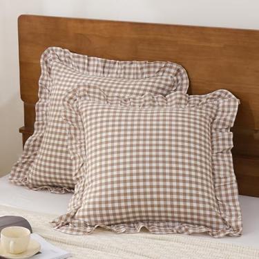 Imagem de YHJWW Capas de almofada Euro caramelo guingão 100% algodão lavado como linho toque macio confortável xadrez outono decorativo conjunto de 2 capas para cama sofá (66 x 66 cm, fecho de envelope)