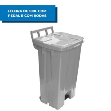 Imagem de Lixeira Plástica 100 litros Quadrada Com Pedal e Rodas Cinza - JSN