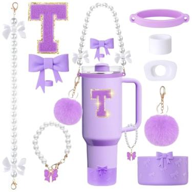 Imagem de MOTEERLLU Conjunto de acessórios de copo Stanley roxo de 9 peças para copo de 850 g 1,701 g com alça, incluindo enfeite de palha de arco e bota, alça de alça de pérola e pingente de alça, adesivo de