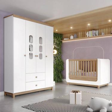 Imagem de Quarto de Bebê Completo Aconchego 4 Portas 2 Gavetas com Vidro Branco/Jequitibá - Henn