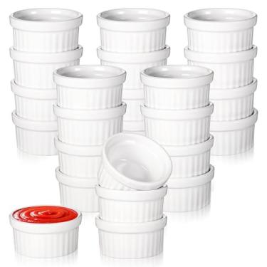 Imagem de 24 peças de mini ramequins de 28,3 g pequenos de cerâmica branca de porcelana suflê, molho de creme, copos de sobremesa, tigelas seguras para forno para pudim de charcutaria, creme brulee, condimento