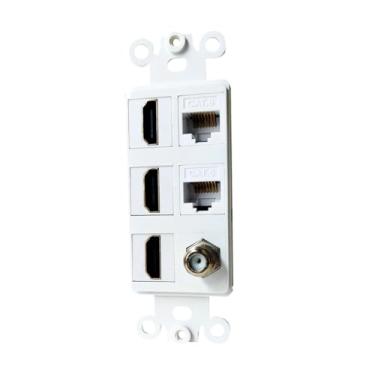 Imagem de BUPLDET Placa de parede com inserção coaxial Ethernet HDMI – 3 portas HDMI, 2 CAT6 RJ45 Keystone e 1 entrada decorativa de cabo coaxial para decoração de tamanho médio/grande – Branca