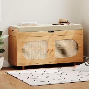 Imagem de PETKABOO Banco de armazenamento de sapatos de vime, banco de entrada de bambu de 89,9 cm, sapateira de 2 camadas com 2 portas e almofada de assento acolchoada para entrada, sala de estar, quarto