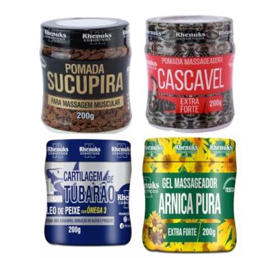 Imagem de Kit Massagem, 4 Pomadas 200g cada - Sucupira, Cascavel Extra Forte, Cartilagem com Ômega 3, Arnica Pura