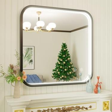 Imagem de JSneijder Espelho de banheiro LED preto de 76 x 76 cm, 3000K/4500K/6000K, espelho de banheiro iluminado emoldurado com luzes, antiembaçamento, regulável contínuo, memória, montado na parede