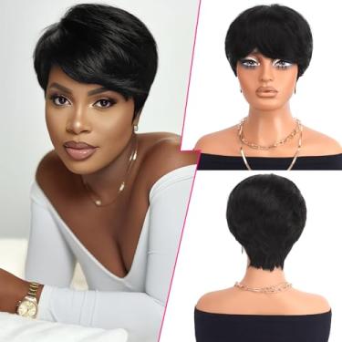 Imagem de PEACOCO Peruca curta de corte Pixie de cabelo humano para mulheres negras sem cola Pixie peruca com franja virgem em camadas para mulheres cor preta natural 1B