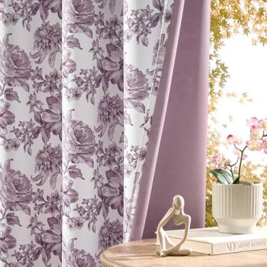 Imagem de Cortinas florais de 153 cm de comprimento, 2 painéis para quarto, românticas, princesas, lilás para quarto de meninas, ilhós, isolamento térmico, escurecimento de luz, filtragem de luz, cortinas de