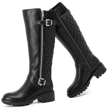 Imagem de Ruiee Botas femininas plataforma até o joelho com costura na panturrilha bota rasteira salto baixo longa alta inverno outono moda botas elegantes para mulheres., Preto PU 267, 41