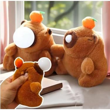 Imagem de Capivara de Pelúcia, bichinho de pelúcia com laranja na cabeça que sopra balão ao apertar – Criativo, Engraçado, Divertido e Anti-estresse - 12 cm