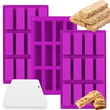 Imagem de Pacote com 3 moldes de barra de granola de silicone de 12 cavidades, molde retangular de barra de proteína moldes de silicone para assar barra de chocolate, barra de cereal, cheesecake, brownies
