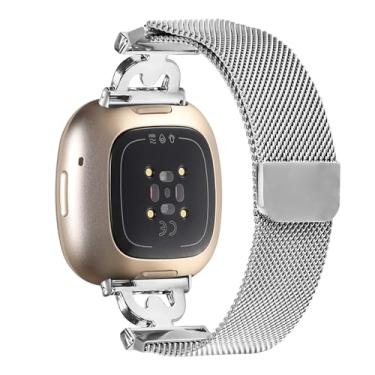 Imagem de Feigand Pulseira magnética de metal compatível com Fitbit Versa 4/Sense 2/Versa 3/Sense, alça de malha elegante de aço inoxidável com diamante em forma de D para mulheres (prata)