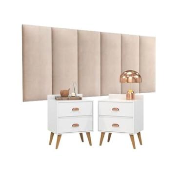Imagem de Conjunto Para Cama Quarto Cabeceira Suspensa 1,40 e Kit 2 Mesas de Cabeceira Madero (7 MÓD AREIA + 2 MADERO BRANCO)