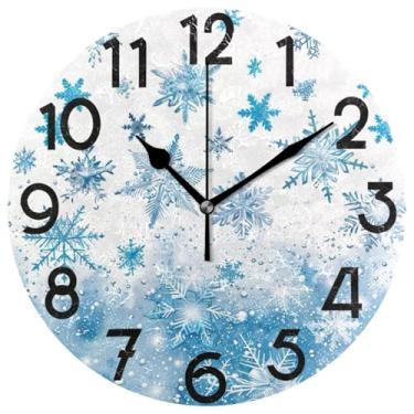 Imagem de Relógio redondo azul floco de neve de inverno, números grandes, decorativo, Natal, gelo, neve, Natal, 25 cm, quartzo operado por bateria, analógico, silencioso, relógio de mesa para cozinha e quarto