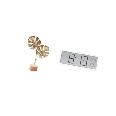 Imagem de Fenteer Escultura de Folha de Metal Abstrata Nórdica, Ornamento Criativo com Relógio de Parede Digital, Grande Visor de Temperatura E Umidade para Escritório