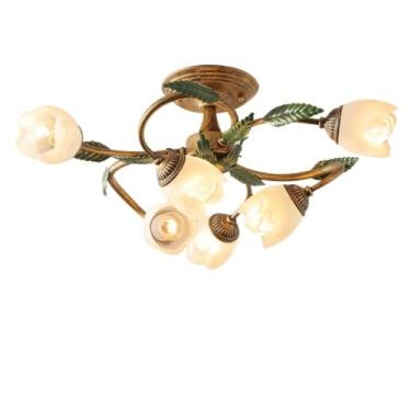 Imagem de KSSTEVNBD Luminária de teto de flor de vidro branco de 6 luzes para casa de fazenda vintage para quarto Sputnik Luz de teto floral para banheiro, sala de estar, cozinha, corredor (6 Lig