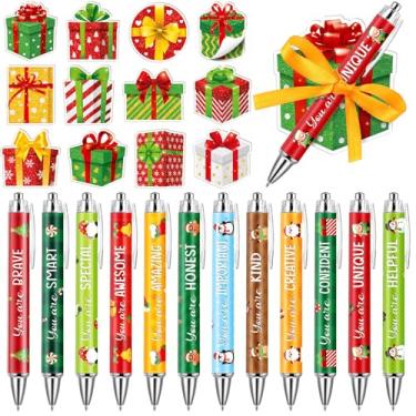 Imagem de Engrowtic Conjunto de 24 lembrancinhas de Natal, notas adesivas para presente de Natal com fitas esferográficas, notas em forma, canetas esferográficas inspiradoras, presentes de Natal para