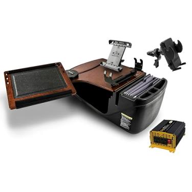 Imagem de AutoExec AE-RDFS-PI-PS-TAB-VC-21M Mesa de alcance do banco dianteiro do carro e estação de trabalho portátil com inversor de potência de 400 watts, suporte de impressora, suporte para tablet e clipe