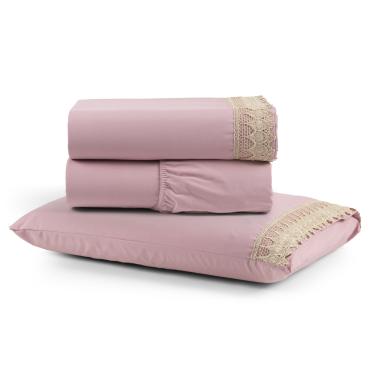 Imagem de Jogo Cama Lençol Haia Solteiro Percal 200 Fios 100% Algodão Guipir Bordado Inglês 3 Peças - Rosê