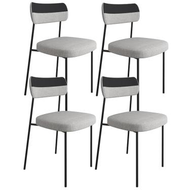 Imagem de Kit 4 Cadeiras Decorativas Estofada Sala Jantar Melina F01 Linho Cinza Couríssimo Preto - Lyam Decor