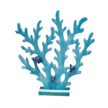 Imagem de Baoblaze Decoração de coral de madeira, enfeite de mesa, artesanato rústico de madeira, decoração para casa, prateleira, aniversário, mesa de TV, Azul Claro