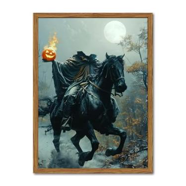 Imagem de Arte de parede em tela vintage emoldurada de Halloween, pinturas de decoração de parede de abóbora, cavaleiro sem cabeça, imagens góticas escuras da Academia, impressões assustadoras, floresta de