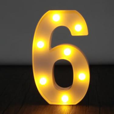 Imagem de Letreiro de luzes de letreiro, letreiro de LED com letras grandes com 26 alfabetos e 10 números para decoração de festa, decoração suspensa para festa em casa, casamento, aniversário, número 6