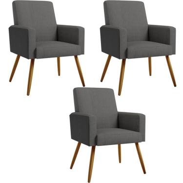 Imagem de Kit 03 Poltronas Pés Palito Cinza Escuro Couríssimo Preto