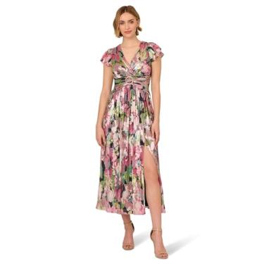 Imagem de Adrianna Papell Vestido feminino floral metálico enrugado, Azul-marinho/Rosa Multi, 46