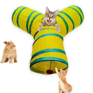 Imagem de Deofun Brinquedos de tubo de túnel para gatos, túneis para gatos internos, brinquedo interativo dobrável com bolas para coelhos, gatinhos, furões, filhotes (amarelo de 3 vias)