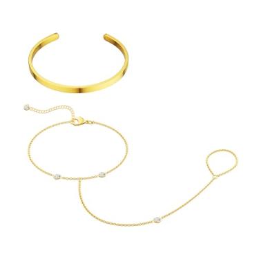 Imagem de DEARMAY Pulseira de corrente de mão banhada a ouro 14K para mulheres na moda, pulseiras delicadas de prata hipoalergênica, pulseira de dedo e unhas, joia simples, 6.5", Banhado a latão com ouro 14K