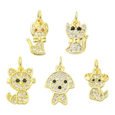 Imagem de LiQunSweet 10 peças, 5 estilos, pingentes temáticos de latão zircônia cúbica cor dourada gato cachorro animais pingentes para joias faça você mesmo, colar, brinco, bolsa, chaveiro, decoração