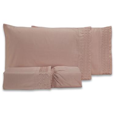 Imagem de Jogo De Cama Lençol Harmony Bordado Geométrico Percal 300 Fios Com Fronhas Queen 04 Peças - Toque Acetinado Cor Rosê