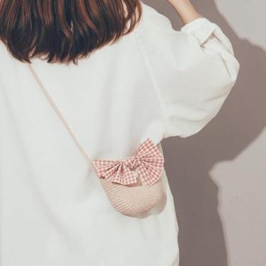 Imagem de Linda bolsa de palha com laço para mulheres, feita à mão, mini bolsa de ombro, rosa, Simples