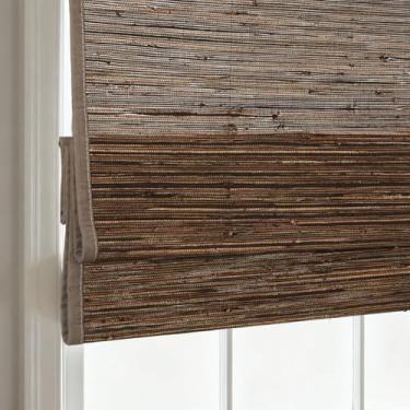 Imagem de AOZORA Persianas romanas de bambu sem fio, persianas romanas de linho tecido, persianas naturais com filtragem de luz com borda, marrom escuro, 86 cm L x 122 cm A