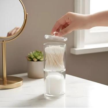 Imagem de Porta Disco de Algodão e Cotonete – Organizador Acrílico Transparente, Tampa Superior, Compacto e Higiênico para Banheiro e Penteadeira
