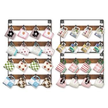 Imagem de EsLuker.ly Suporte para canecas, suporte de parede, de madeira, 4 unidades, organizador de copos de café, prateleira de exibição com 32 ganchos de plástico removíveis, ideal para colecionadores de