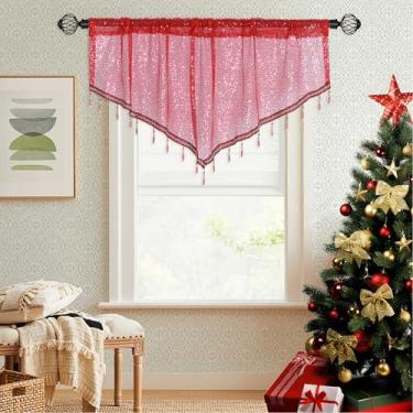 Imagem de Bentrilisa 1 peça de cortina de lantejoulas com contas triângulo vermelho glitter frisado cozinha swag cortina retrô borlas janela curta sanefa para cozinha, sala de estar, festas de fim de ano, 130 x