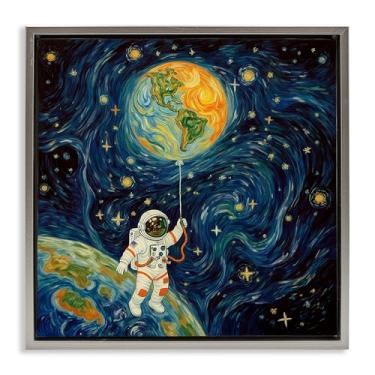 Imagem de Stupell Industries Astronauta com balão de terra cinza moldura flutuante arte de parede, design por Angie Hawke, 25 x 25