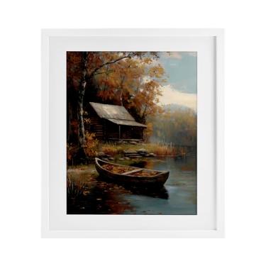 Imagem de Stupell Industries Canoa de cabana de outono com folhas impressão emoldurada branca sob vidro, design por Arlington Prints, 16 x 13