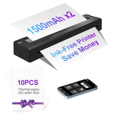 Imagem de Impressoras portáteis sem fio para viagens, mini impressora térmica Bluetooth sem tinta de 300 DPI compatível com Android, iOS e laptop, suporta carta dos EUA de 21,6 cm x 28 cm, impressora portátil
