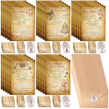 Imagem de Kit de carta para o Papai Noel, 125 peças, cartões de Natal vintage, elfo da neve, papel de carta de Natal, papelaria com envelopes, carimbos, adesivos, kit de escrita de cartas oficiais para artigos