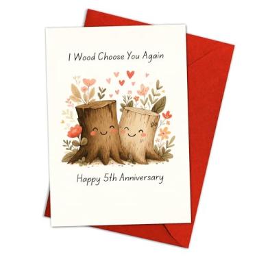 Imagem de Podagree Cartão I Wood Choose You Again (13,5 x 20,3 cm) Cartão com tema de madeira engraçado de 5º aniversário para marido ou esposa, trocadilho de tronco de árvore fofo, presente romântico feito à