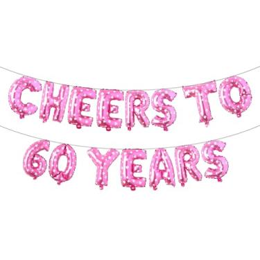 Imagem de Cheers to 60 Years Banner Foil 60º aniversário balão decorações de festa para ele/ela 60 anos decorações de aniversário suprimentos de festa de casamento para homens/mulheres (CHEERS TO 60 YEARS Pink
