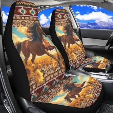 Imagem de Dreaweet 2 peças capas de assento de carro assentos dianteiros apenas cavalos astecas girassol acessórios de carro para mulheres interior capa de assento de veículo universal capas de assento macias