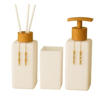 Imagem de Banheiro kit lavatório sabão líquido aroma e escova suporte quadrado vidro(Banco Total C/Amadeirado)